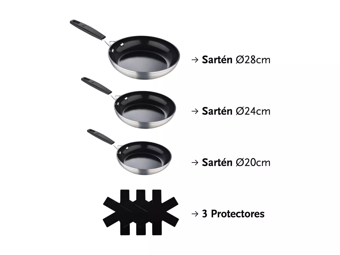 Lot de 3 poêles Ø20Ø24Ø28cm et 3 protections antiadhésives MasterPRO en aluminium forgé