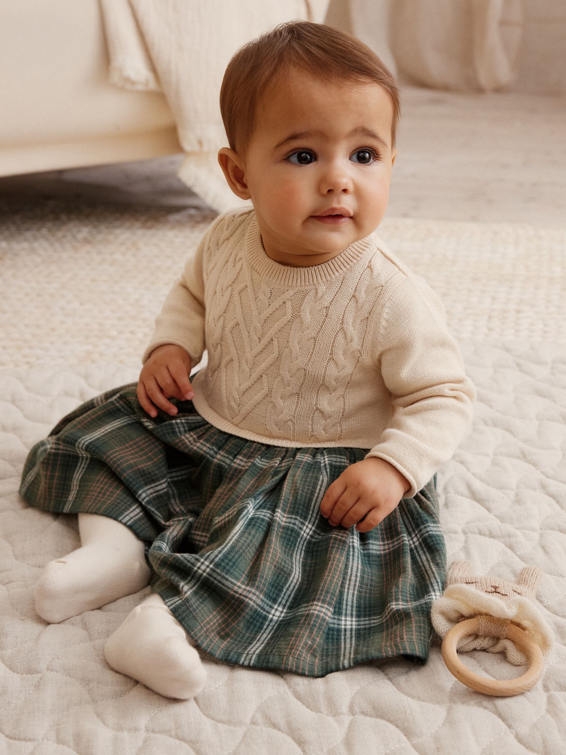 Crème/groene ruit - Twofer Knitted Baby Dress (0mths-2yrs)