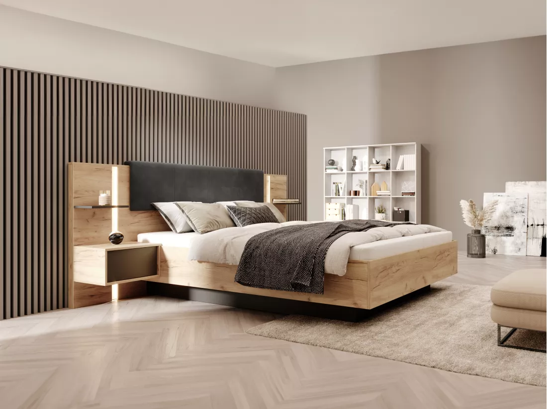 Lit avec chevets 140 x 190 cm - Avec LEDs - Coloris : Naturel et anthracite - ELYNIA