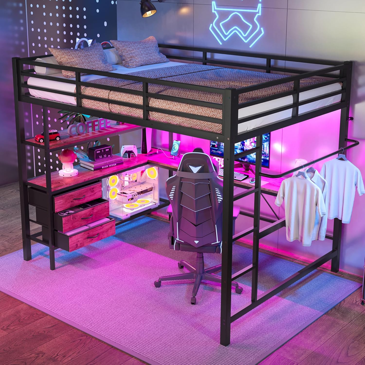 Hochbett 140x200 cm, Kinderbett mit Schreibtisch und LED, Jugendbett mit 3 Schubladen, Metallbett mit Steckdose+USB, Einzelbett für Kinder Jugendliche Schlafzimmer (Ohne Matratze) Schwarz