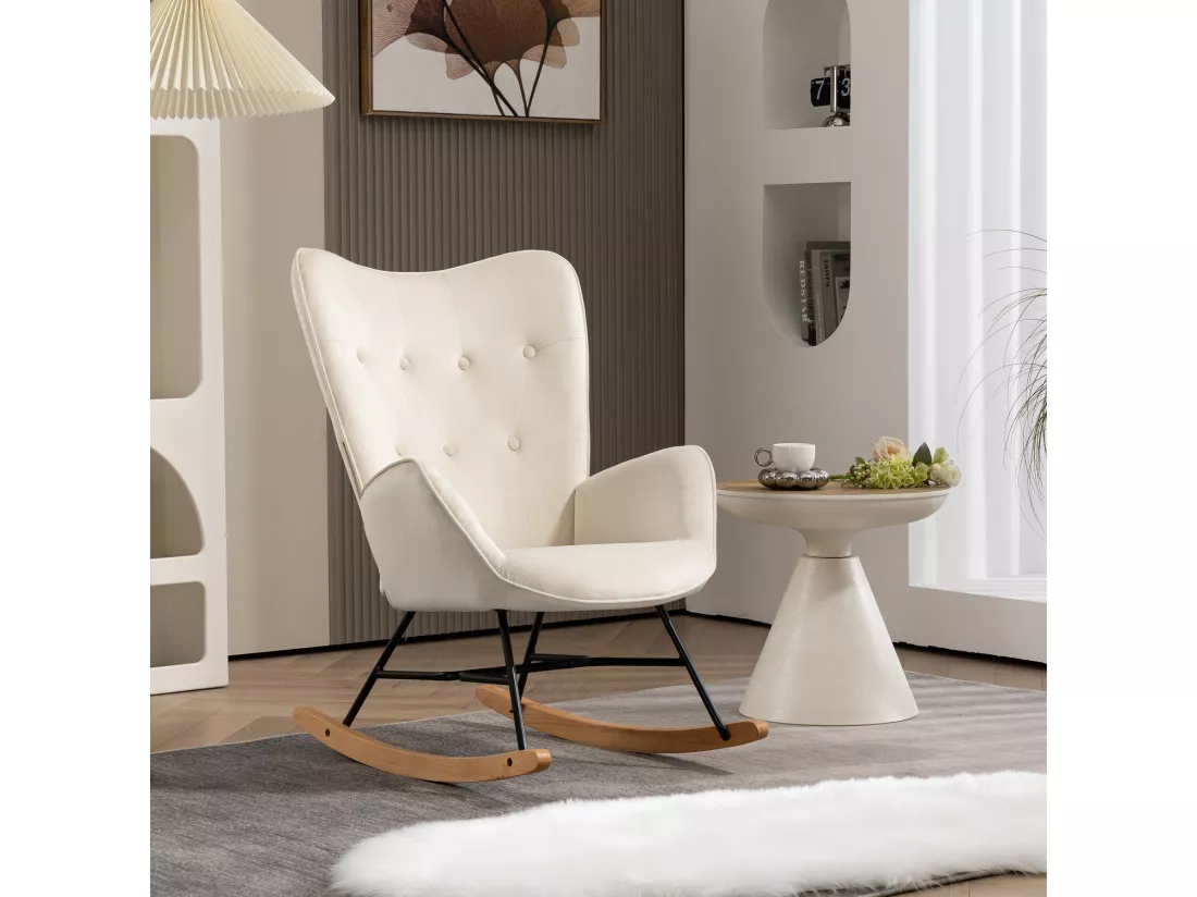 MEUBLES COSY Fauteuil à Bascule Allaitement Scandinave Chaise Loisir et Repos Pieds en Massif Bois Métal pour Salon, Chambre,Beige Velours