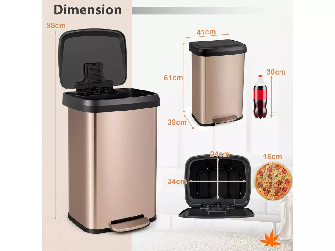 Poubelle Cuisine 50 Litres en Acier Métal, Poubelle Rectangulaire Pédale Amortisseur, Casier Désodorisant, Couvercle Fermeture Douce, Anti-Empreintes, pour Bureau, Salle de Bain (Or rose)