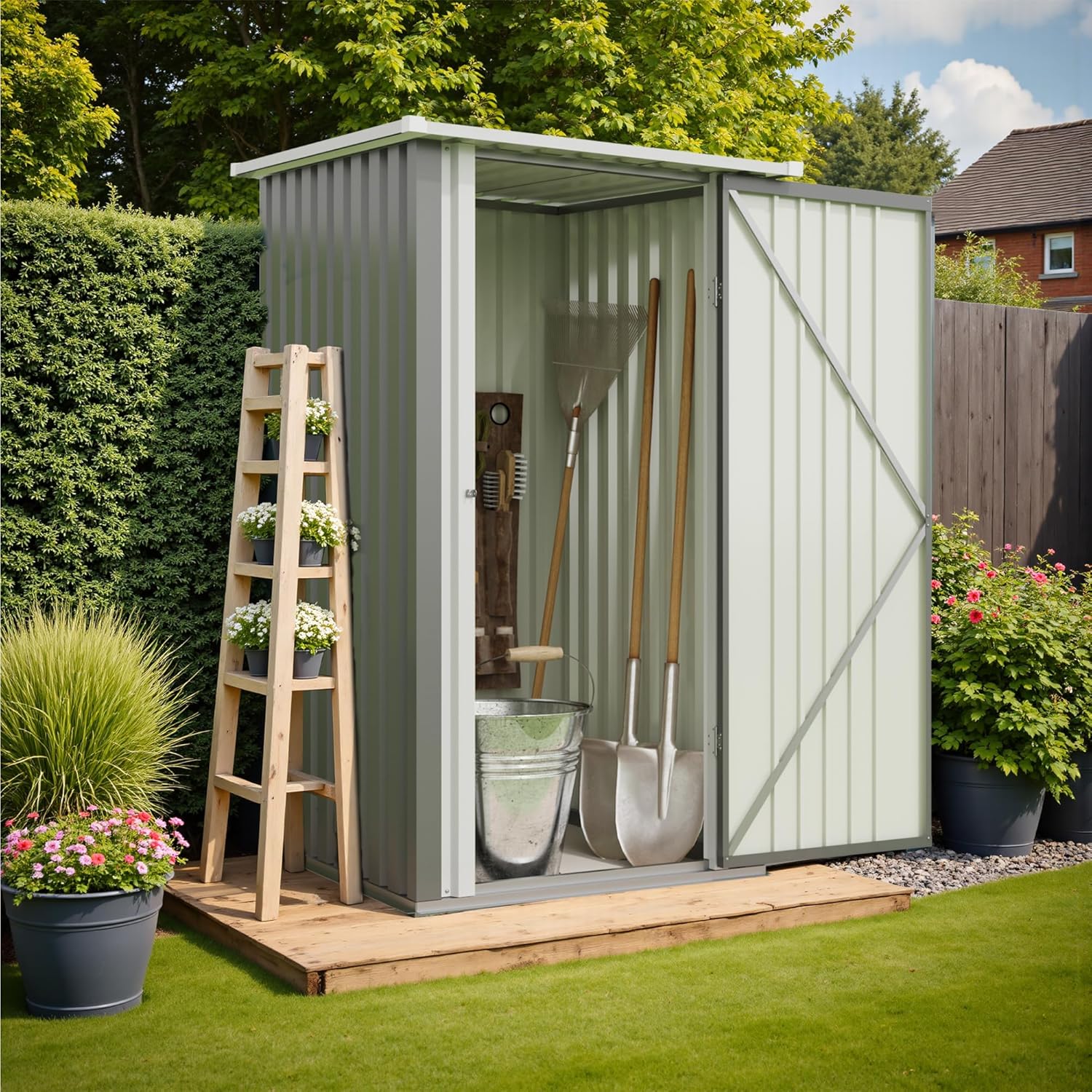 Metall Gerätehaus 1,5m³ 95x98x160 cm Wasserfest Geräteschuppen mit abschließbarer Tür und Pultdach Kleiner Gartenhaus für Hinterhof Terrasse und Rasen, Grau