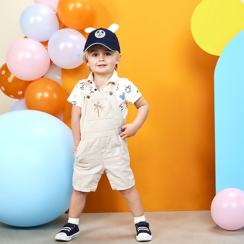 Salopette courte broderie palmiers pour bébé garçon - Ecru