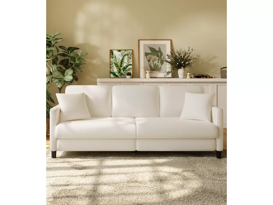 Canapé 3 Places en Velours Teddy,Grand Canapé Droit Confort en Bois Massif,Loveseat avec Accoudoirs,210 x 79 x 89 cm - Beige