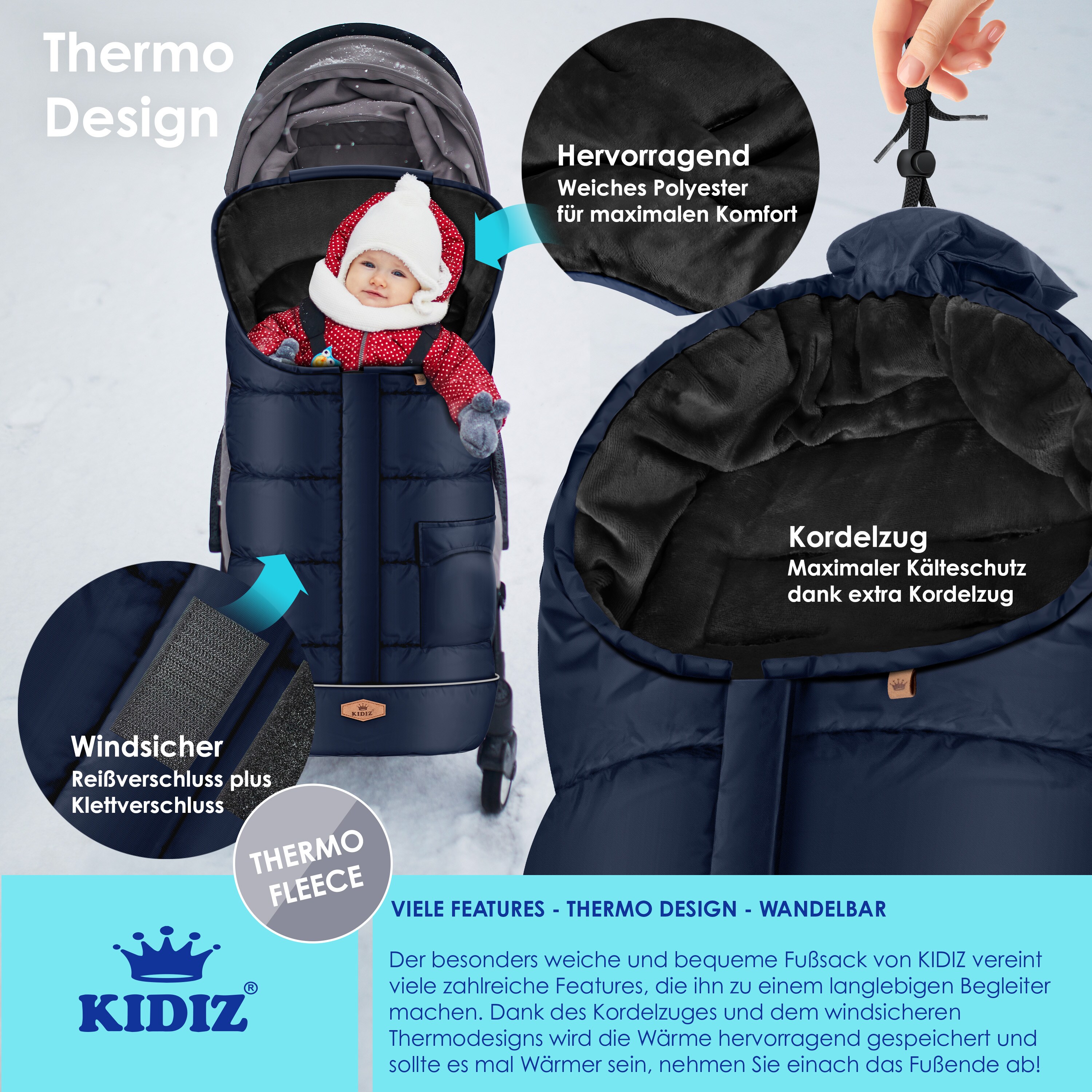 KIDIZ® Babyfußsack Baby Fußsack Winterfußsack Babyschale mit Reißverschluss Kuschelsack Babydecke Kinderwagen waschbar Tasche passend für alle Kinderwagen BettWärmedecke aus Thermo-Fleece
