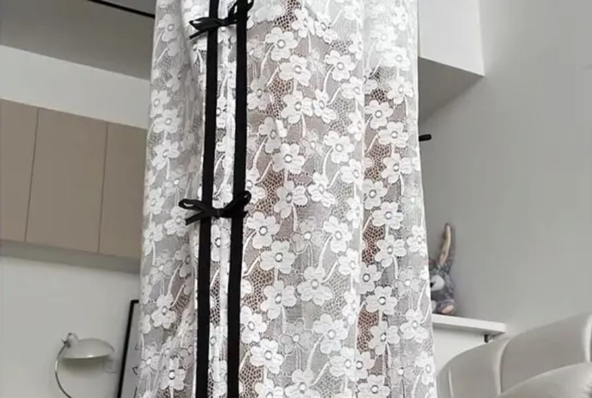 Essere - Elastische taille, bloemenstrik, kanten wijde broek