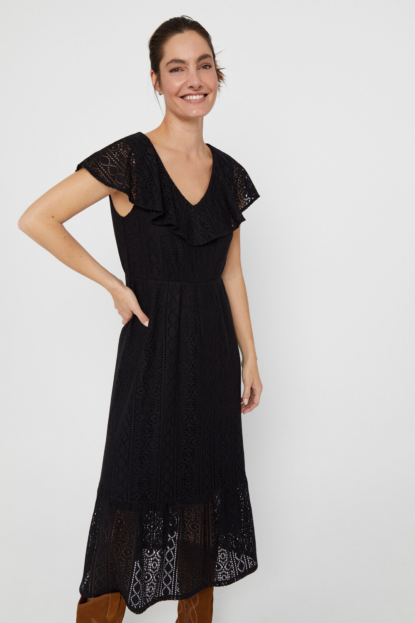 Vestido de malha vazada - Preto