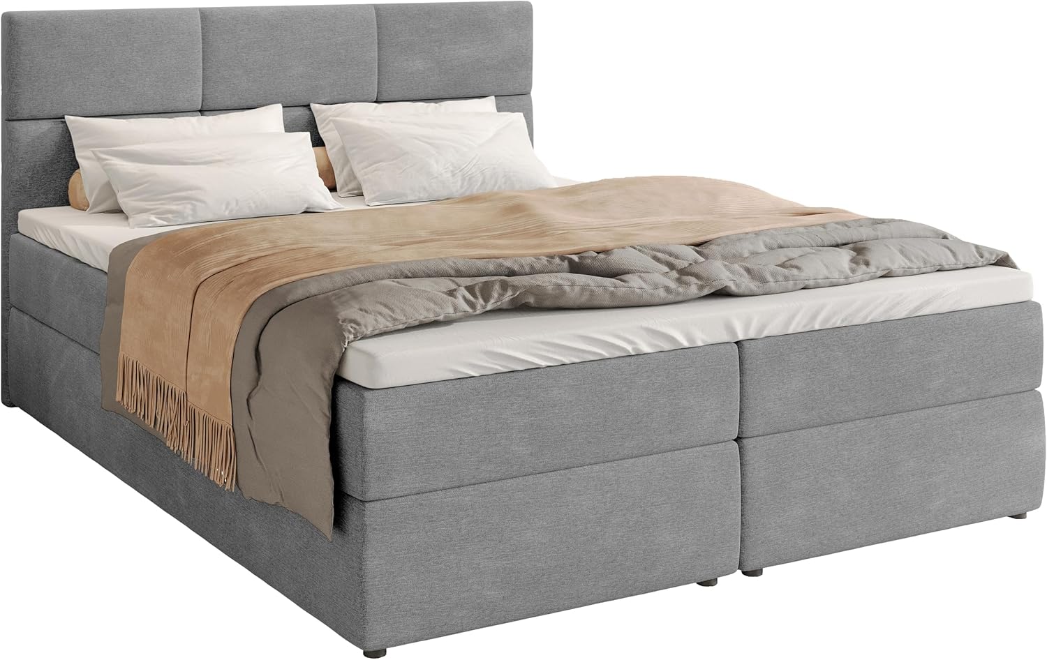 BROMARKT Boxspringbett mit Bettkasten Polsterbett mit Bonell-Matratze und Topper Doppelbett mit Stauraum Bett für Schlafzimmer gepolstertes Kopfteil Boston 140x200 Härtegrad H3 Flachgewebe Hellgrau