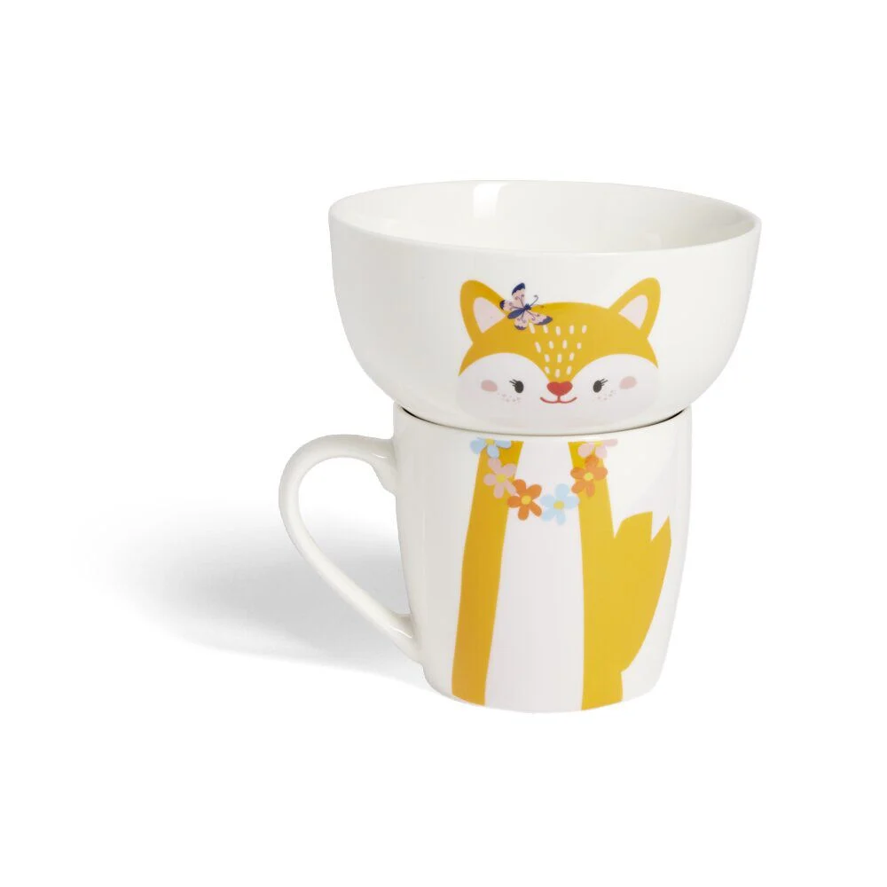 Ensemble bol et mug en porcelaine motif enfant motif renard H15cm