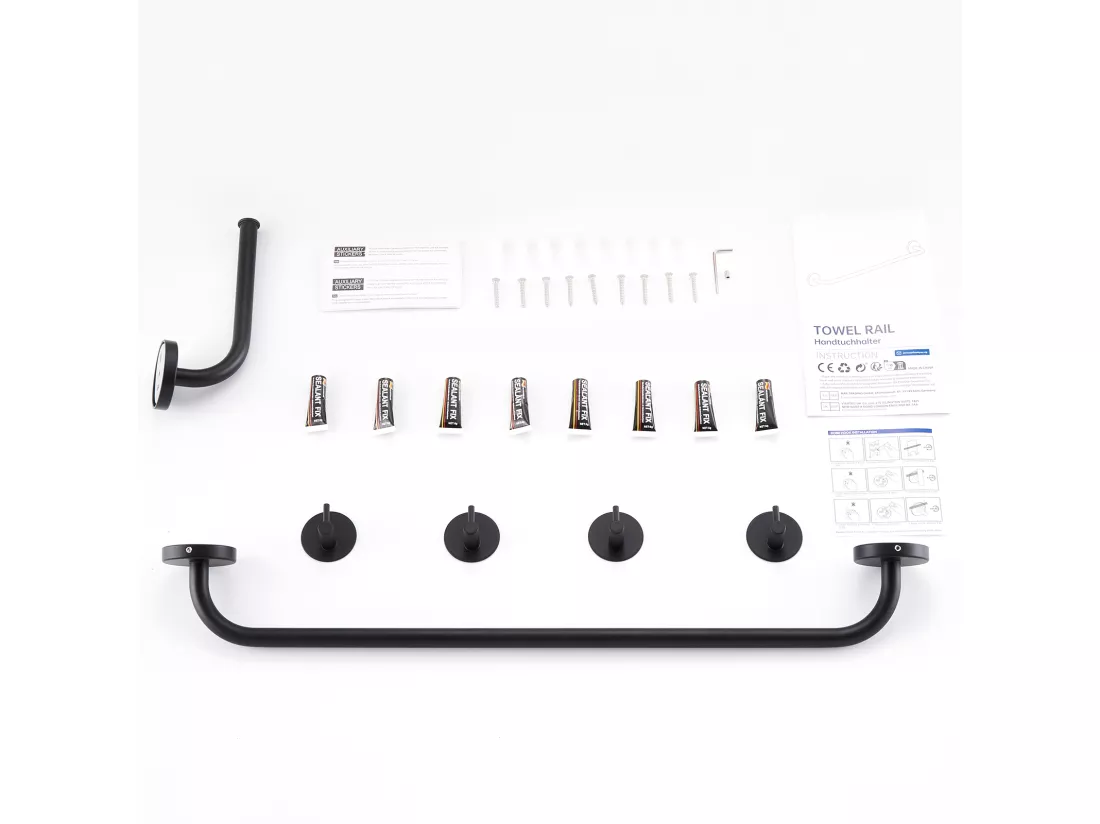 Panneau Douche Hydromassante Noir,inoxydable,avec 6 Buses Massants,Écran LCD+Ensemble Salle Bain Accessoire 6 Pièces,Auto-adhésif/percer,nox,Noir