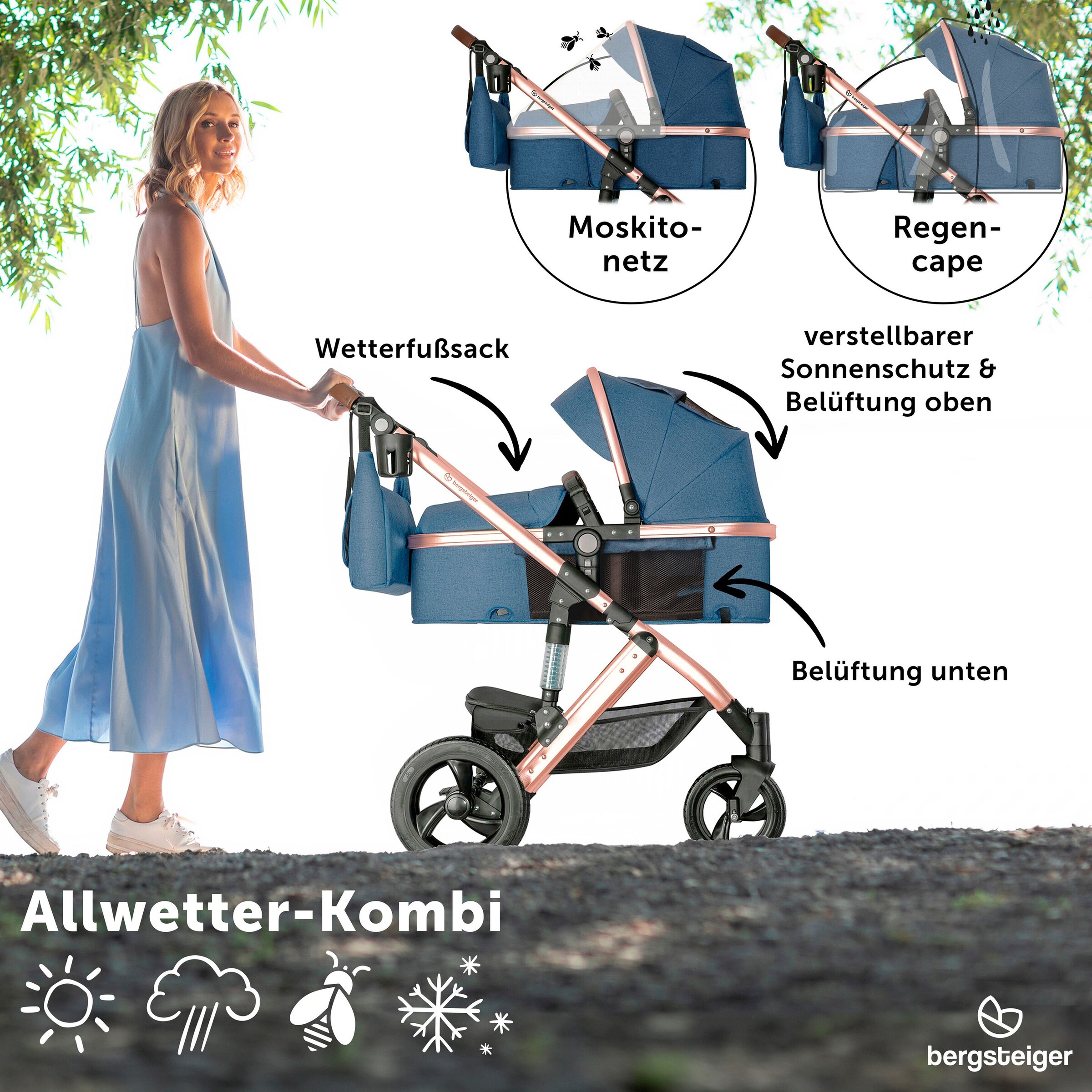 Bergsteiger Kinderwagen Nizza + Babyschale blue | Gestell: rose golden