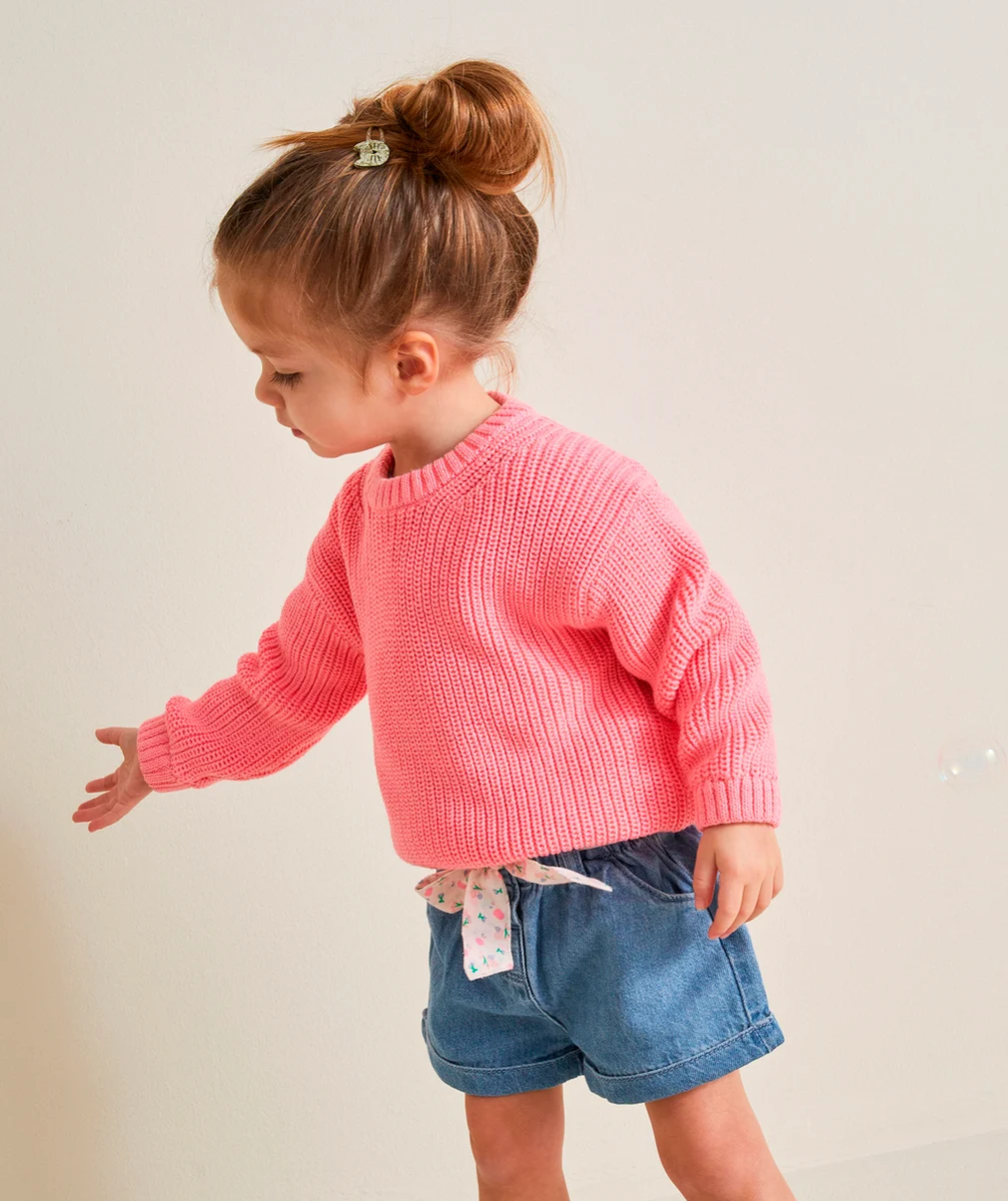 PULL BÉBÉ FILLE EN COTON BIO MAILLE ROSE