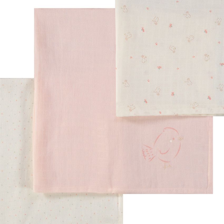 Lot de 3 langes fantaisie en tetra pour bébé fille - Ecru