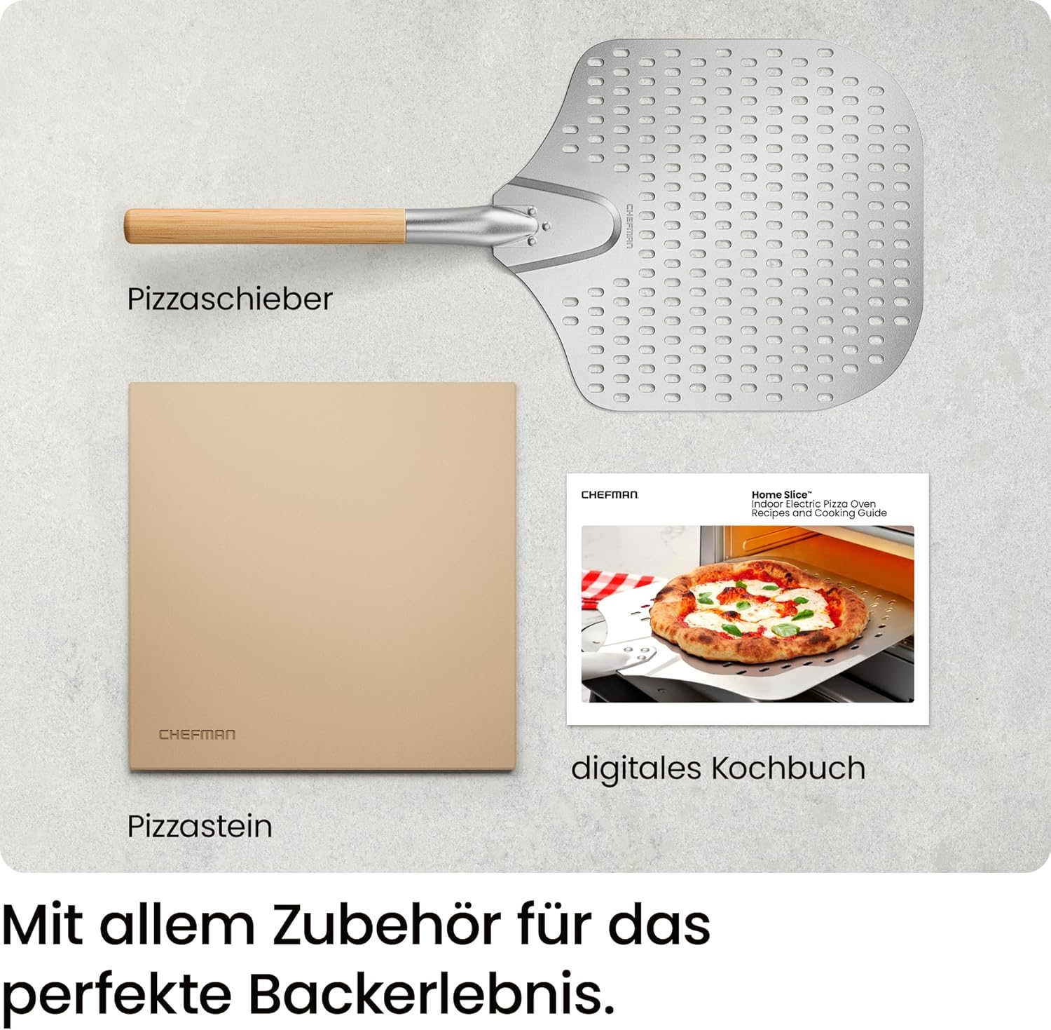 CHEFMAN Elektrischer Pizzaofen für drinnen und draußen, tragbarer 30-cm-Pizzaofen für neapolitanische, New Yorker, dünne Kruste und Pfannen-Pizza, Pizzastein und Pizzaschieber, schwarz