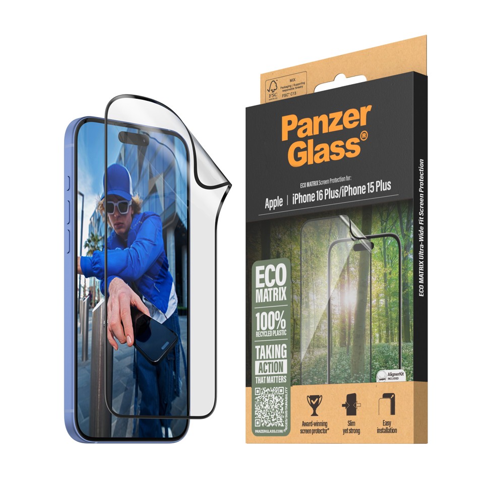 PanzerGlass - Skærmbeskyttelse MATRIX - iPhone 16 Plus - Ultra Wide Fit