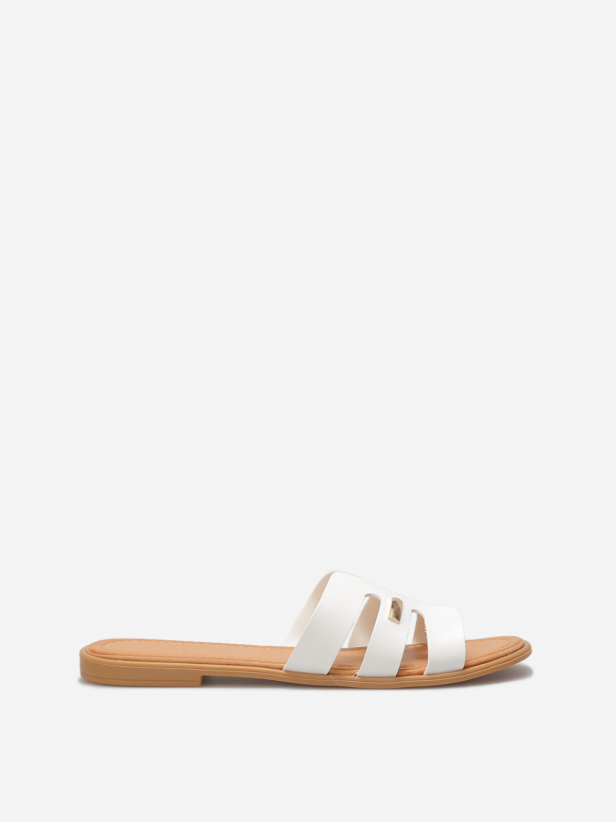 Mules plates en simili à détail métallique- Blanc