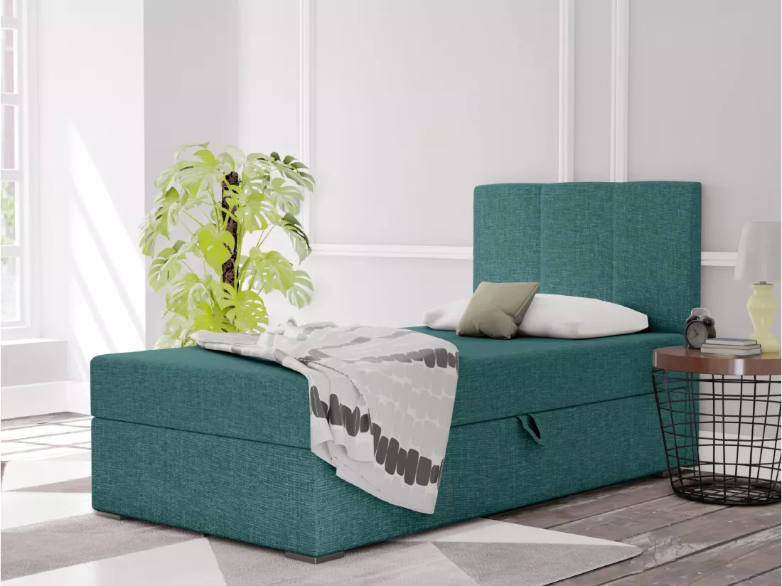 LIT BOXSPRING avec coffre de rangement Monaco Mini Basic côté droit, 90x200 cm, Lux 30 (Bleu canard)