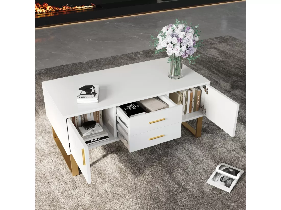 Table basse brillante 2 portes et 2 tiroirs, panneaux de particules, 100x50x45cm, Blanc
