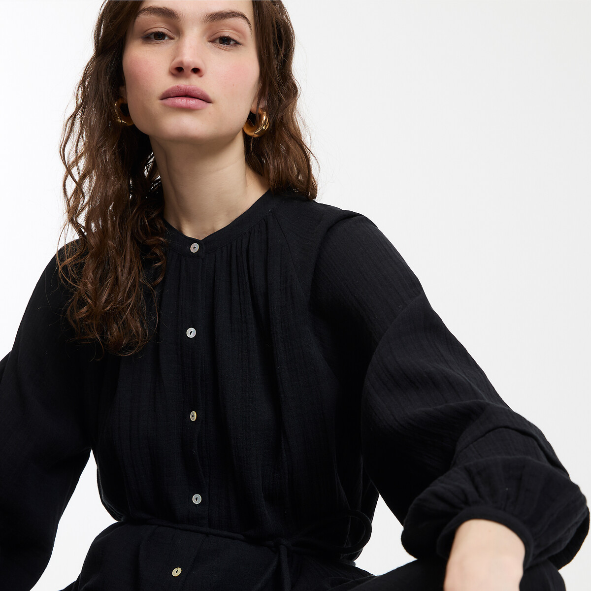 COLEÇÃO LA REDOUTE<br>Vestido longo evasê com decote redondo e mangas compridas