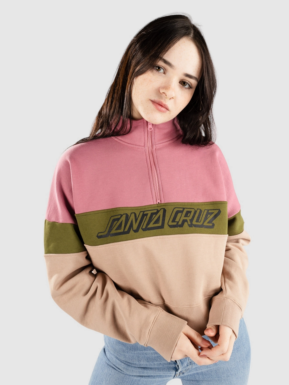 Santa Cruz BT Classic Strip Quarter Crew Half-Zip dusty rose/sea kelp/taupe