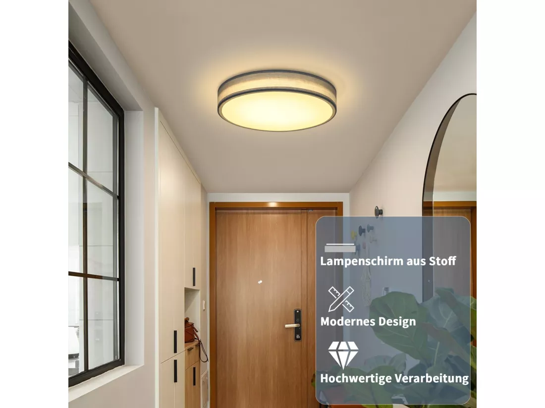 NETTLIFE Plafonnier LED Chambre Abat-jour en Tissu Moderne Rond 3000K 12W