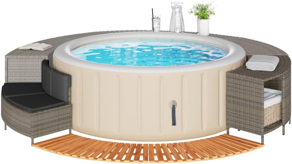 vidaXL Whirlpool Umrandung, Poolumrandung mit Regal Holzstufe Gartenbank, Poolverkleidung mit Stahlrahmen, Einfassung, Grau Poly Rattan Massivholz Akazie