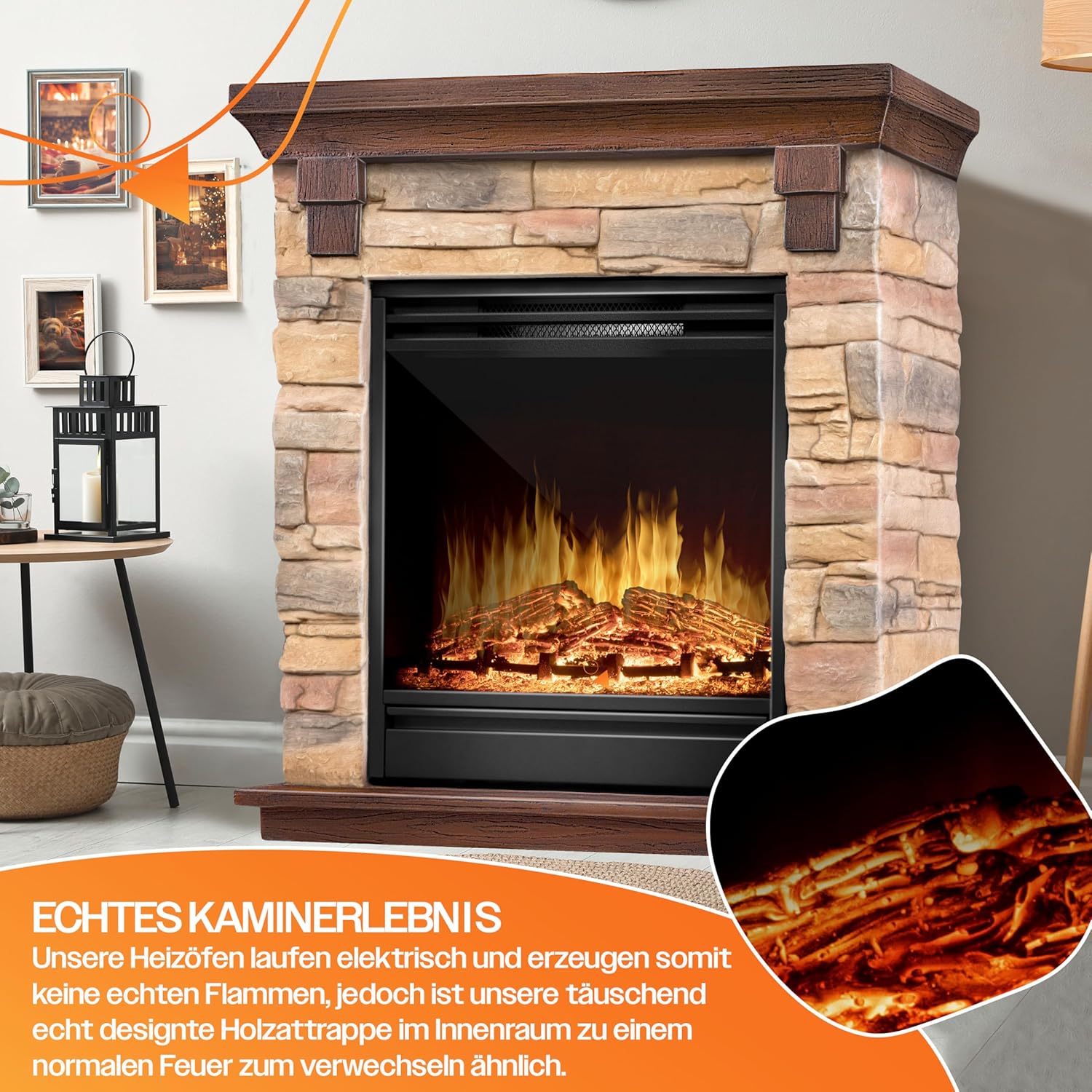 KESSER® Elektrokamin Standkamin - Kamin elektrisch mit LED 3D-Flammeneffekt, Mit Heizung Heizfunktion, Elektro Kamin mit 1800W Leistung, Timer, Thermostat, Fernbedienung, dimmbar, Natur/Braun