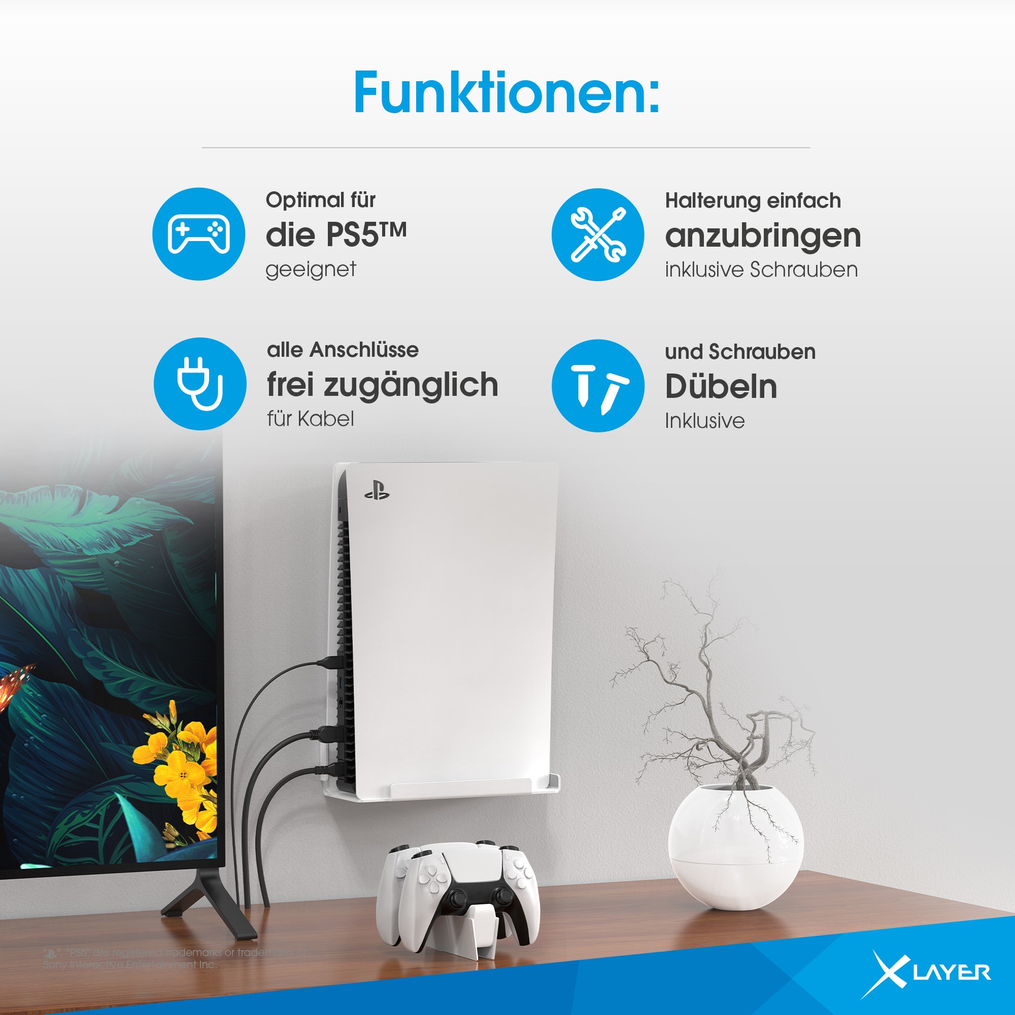 Xlayer MOUNTS PS5 Wandhalterung weiß Stabil einfache Montage nahe oder hinter TV Zubehör für PS5 passend und Kompatibel mit der Disc- und der Digitalversion