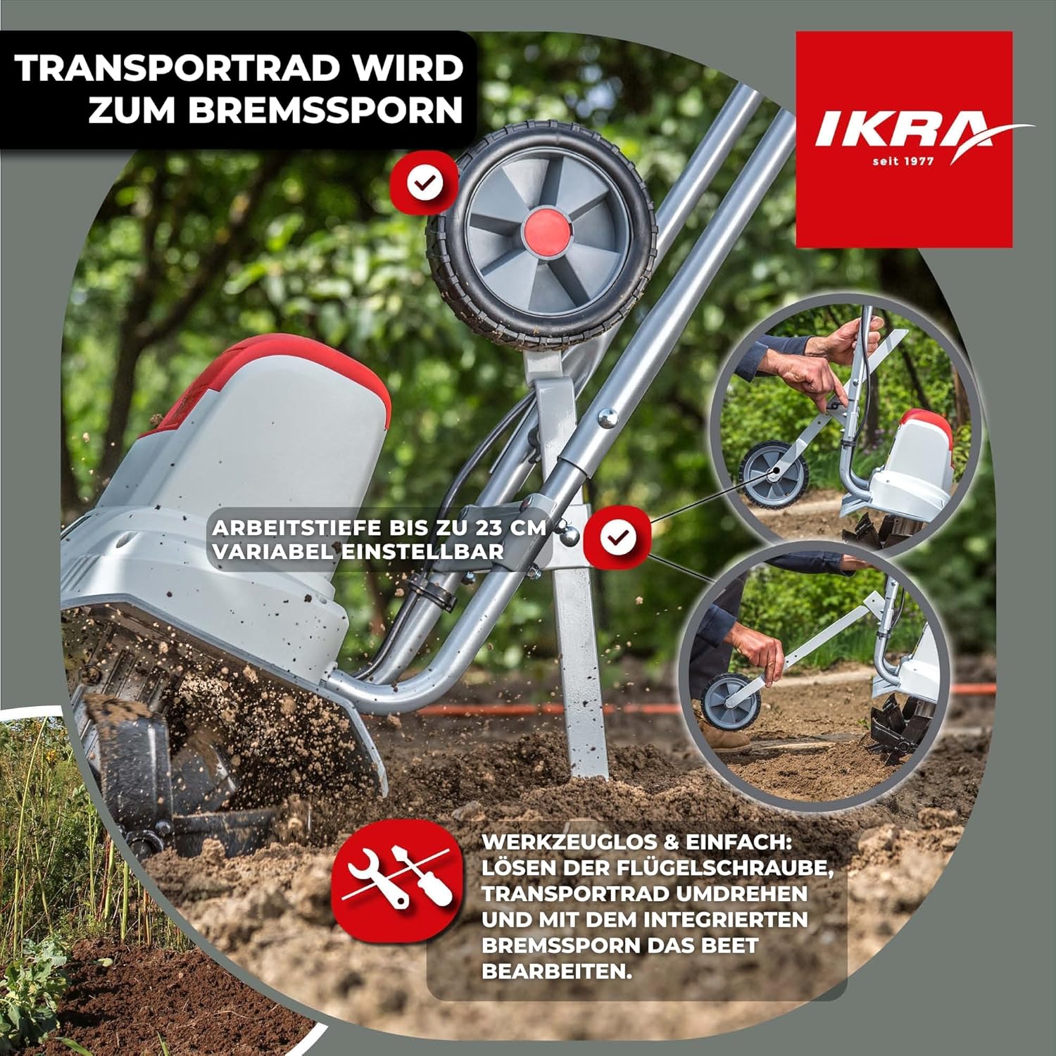 IKRA Elektro Bodenhacke Kultivator IEM 800 S, Arbeitsbreite 30cm, Arbeitstiefe 20cm, inkl. Handgrubber