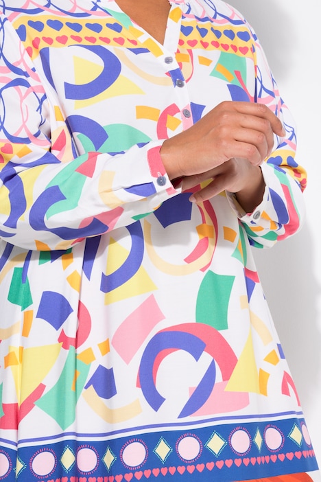 Kleid, Midilänge, Patch-Druck, Tunika-Ausschnitt, Langarm