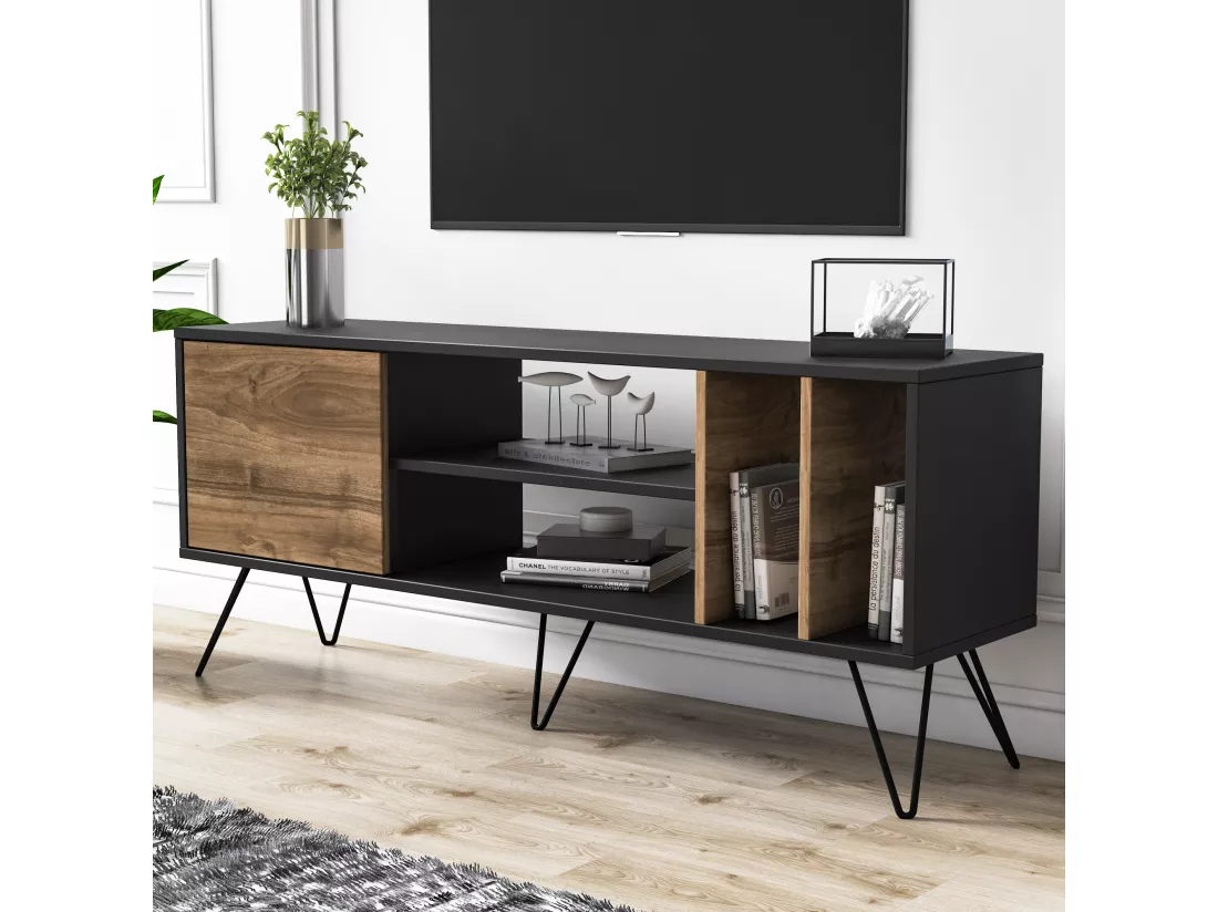 Meuble TV Mistico de 140 cm avec étagères ouvertes et armoire avec le pied en métal (Noir et Noyer)
