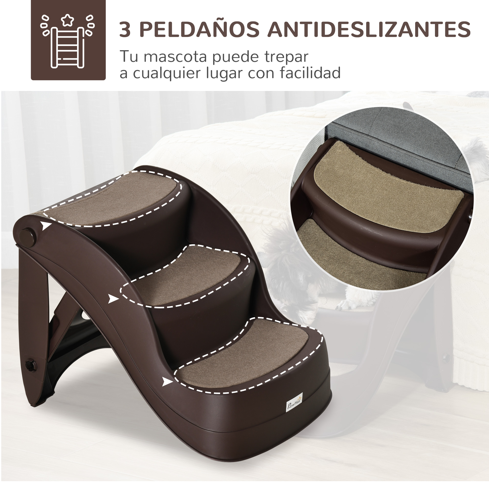 Escada dobrável de plástico para cães PawHut com 3 degraus e tapetes antiderrapantes para cama e sofá, capacidade de carga de 15 kg, 49 x 38 x 38 cm, marrom.