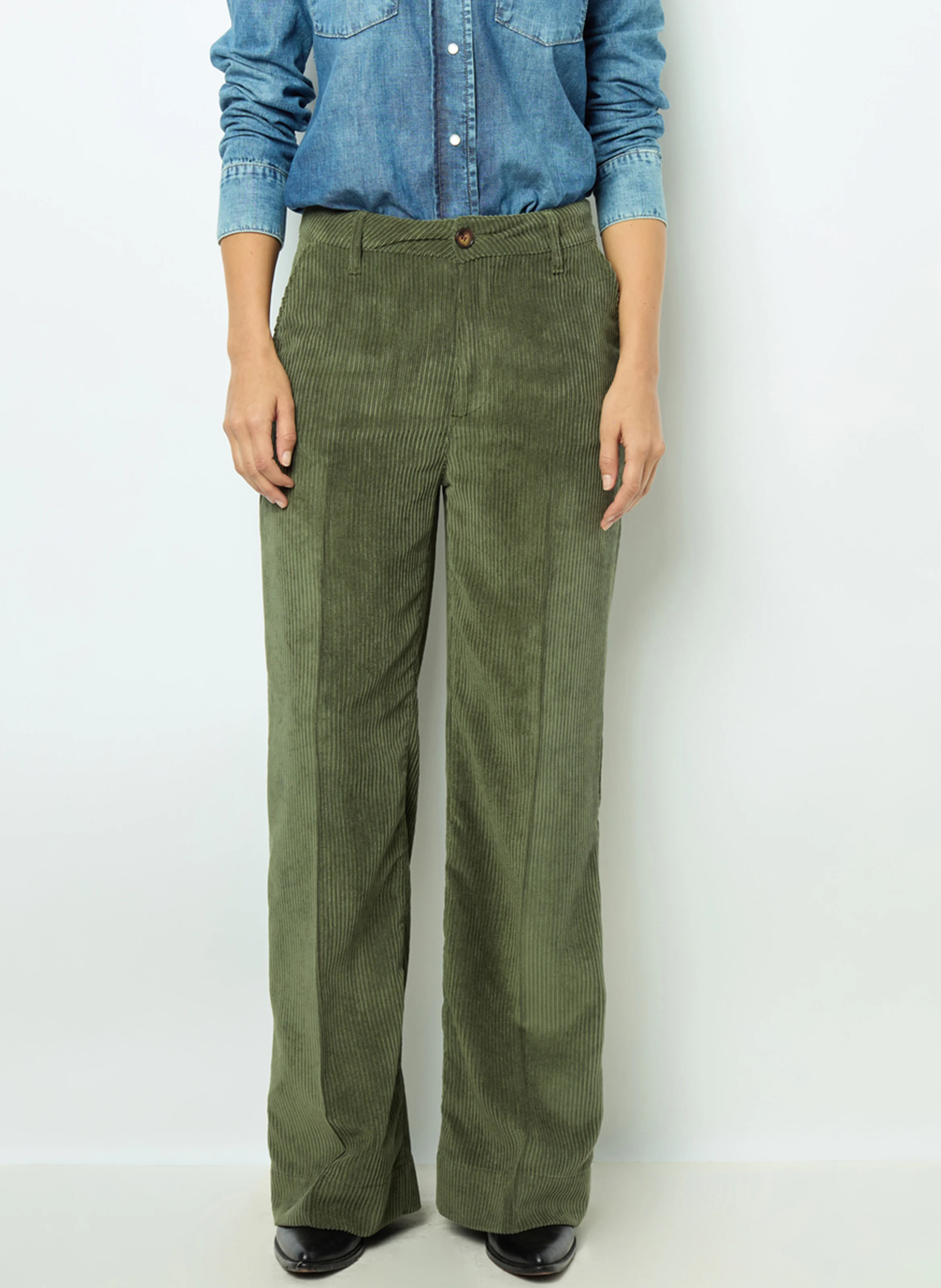 NOEMIE - Pantalon fluide en velours côtelé| Vert