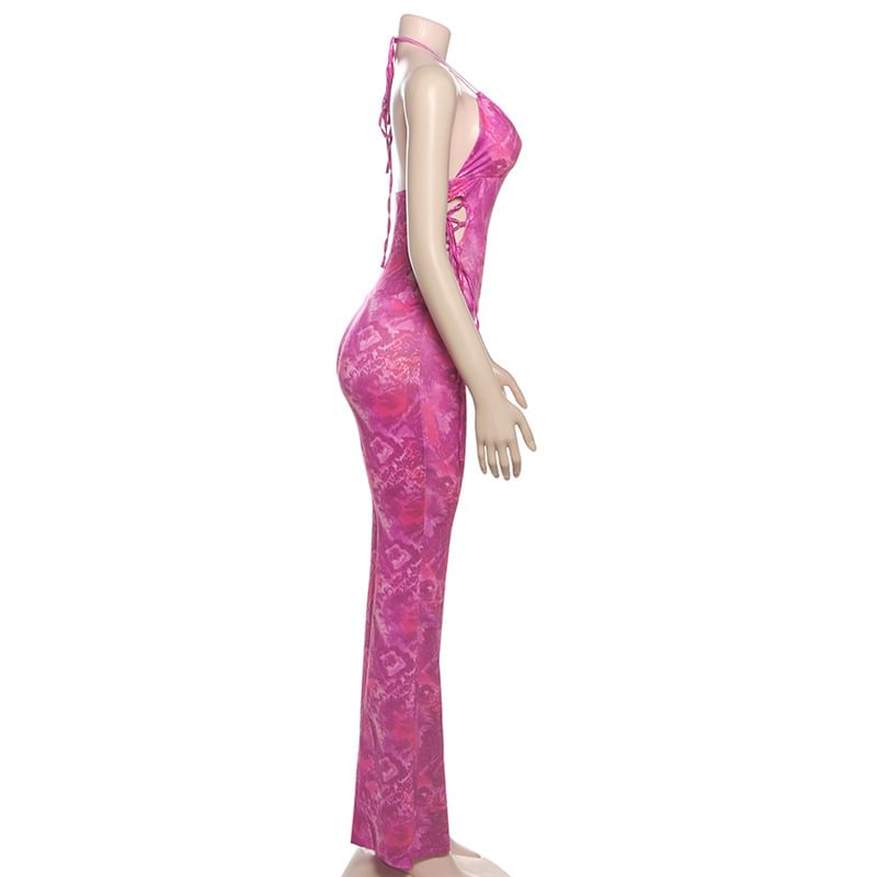 HERMITAKH - Halterhals Tie Dye Uitsparing Open Rug Uitlopende Jumpsuit
