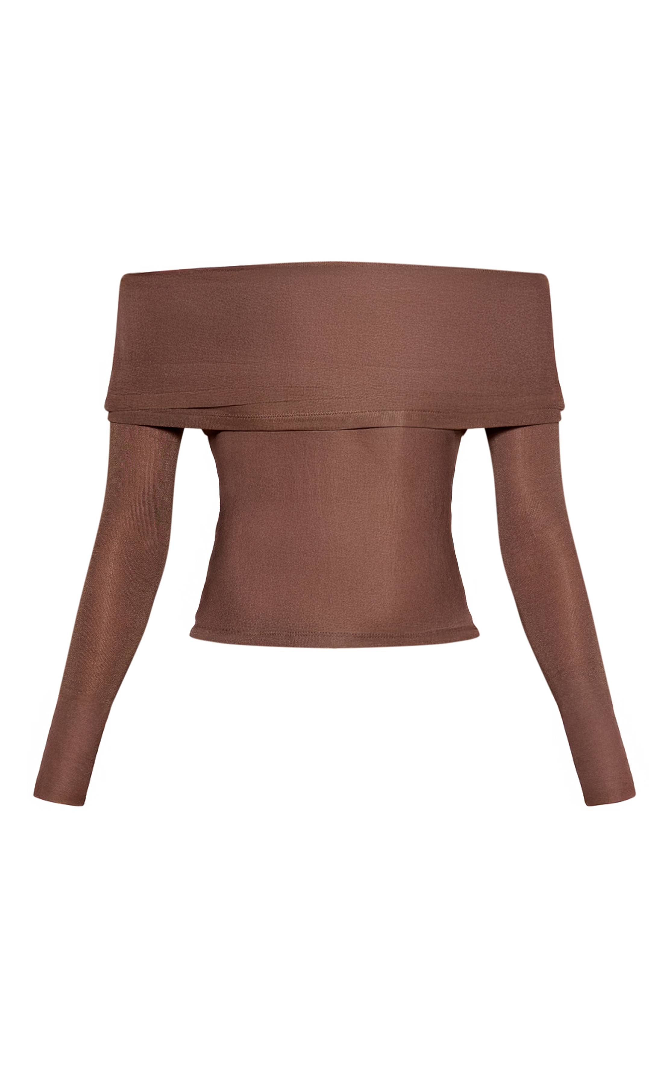 Light Brown Top Bardot À Manches Longues En Tissu Transparent Doux Avec Détail Plié
