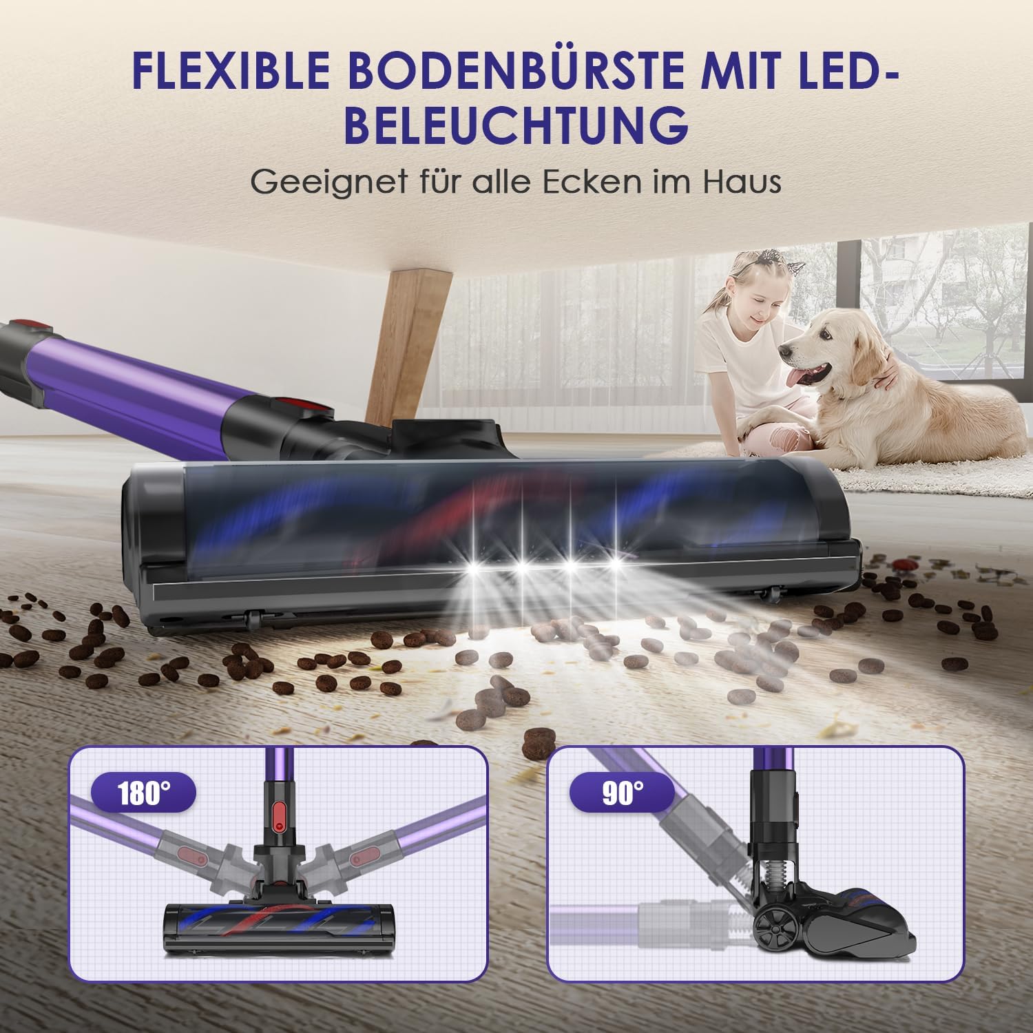 Akku Staubsauger Kabellos, 45000Pa Kabelloser Staubsauger mit Touchscreen, 50Mins, 1.6L, H13 HEPA, Anti-Tangle-Bürste, für Hartböden/Teppich/Tierhaare