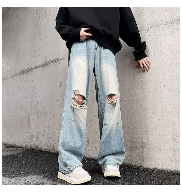 Kenning - Mid Rise Washed Distressed Wide Leg Jeans