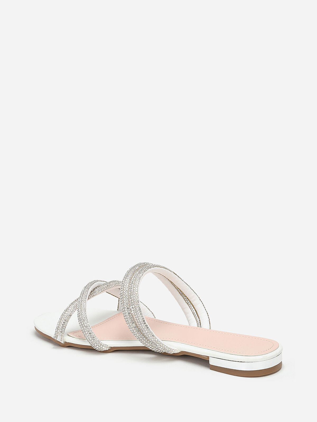 Mules plates à multi-brides en strass- Blanc
