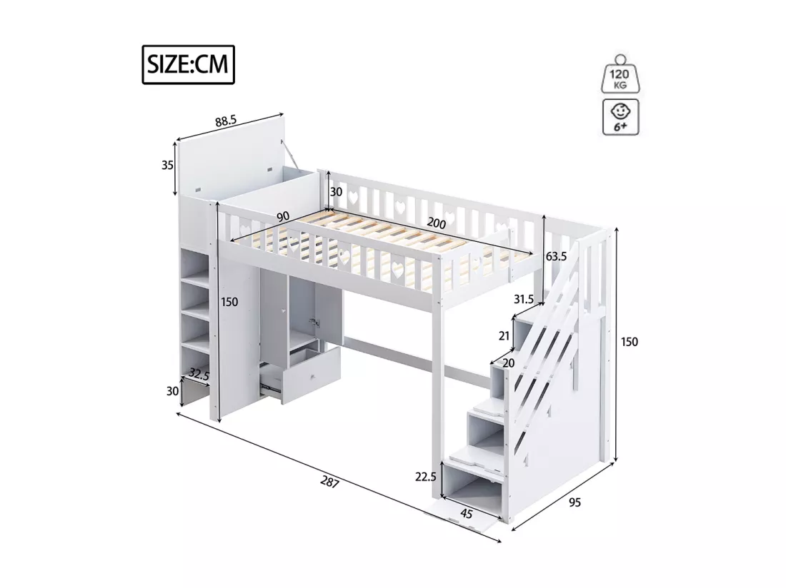 Lit mezzanine 90x200 échelle de rangement étagères armoire de rangement pliable pour le revêtement balustrade Blanc
