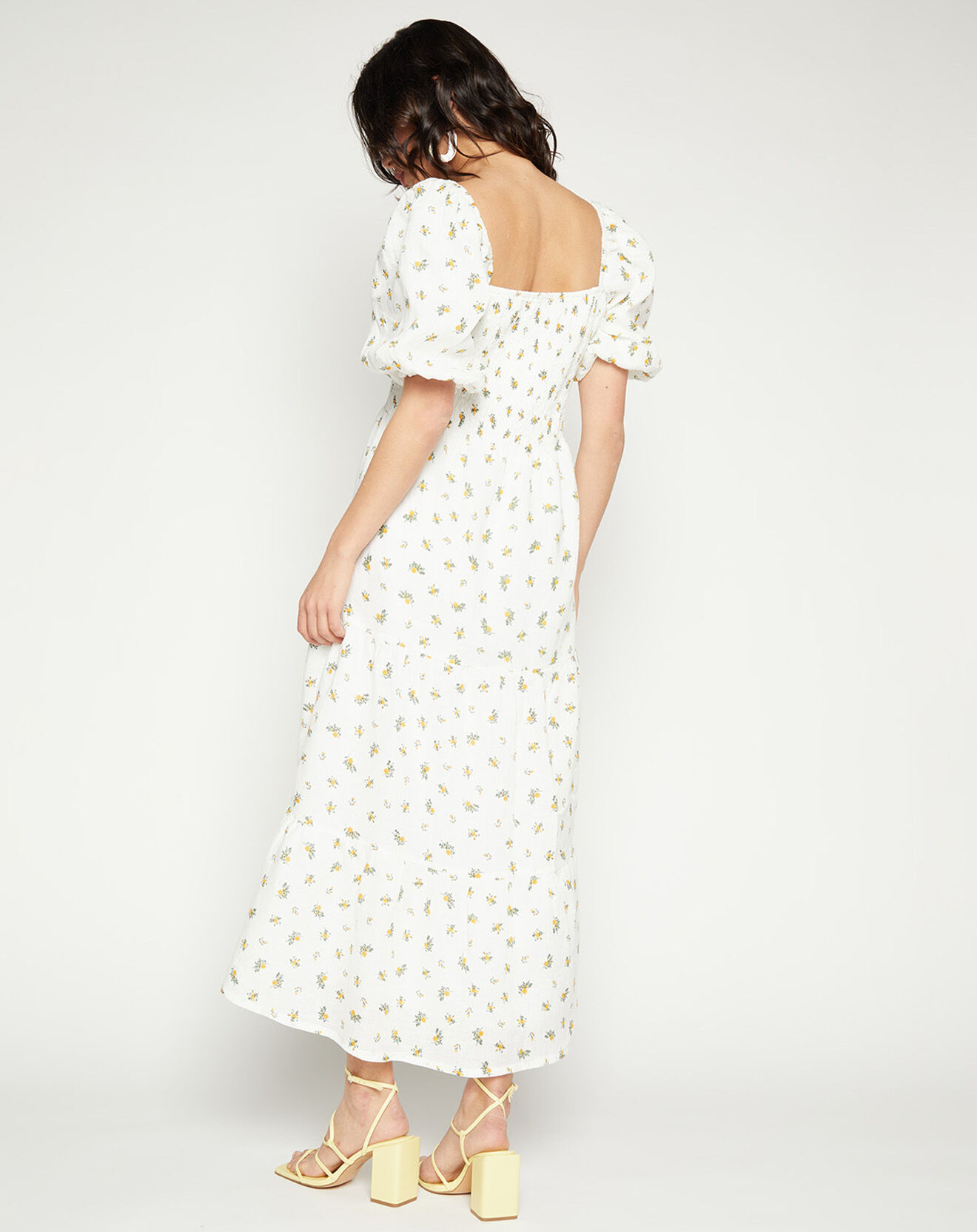 Faithfull the Brand Robe midi 100% Lin Gianna imprimée fleurs écrue