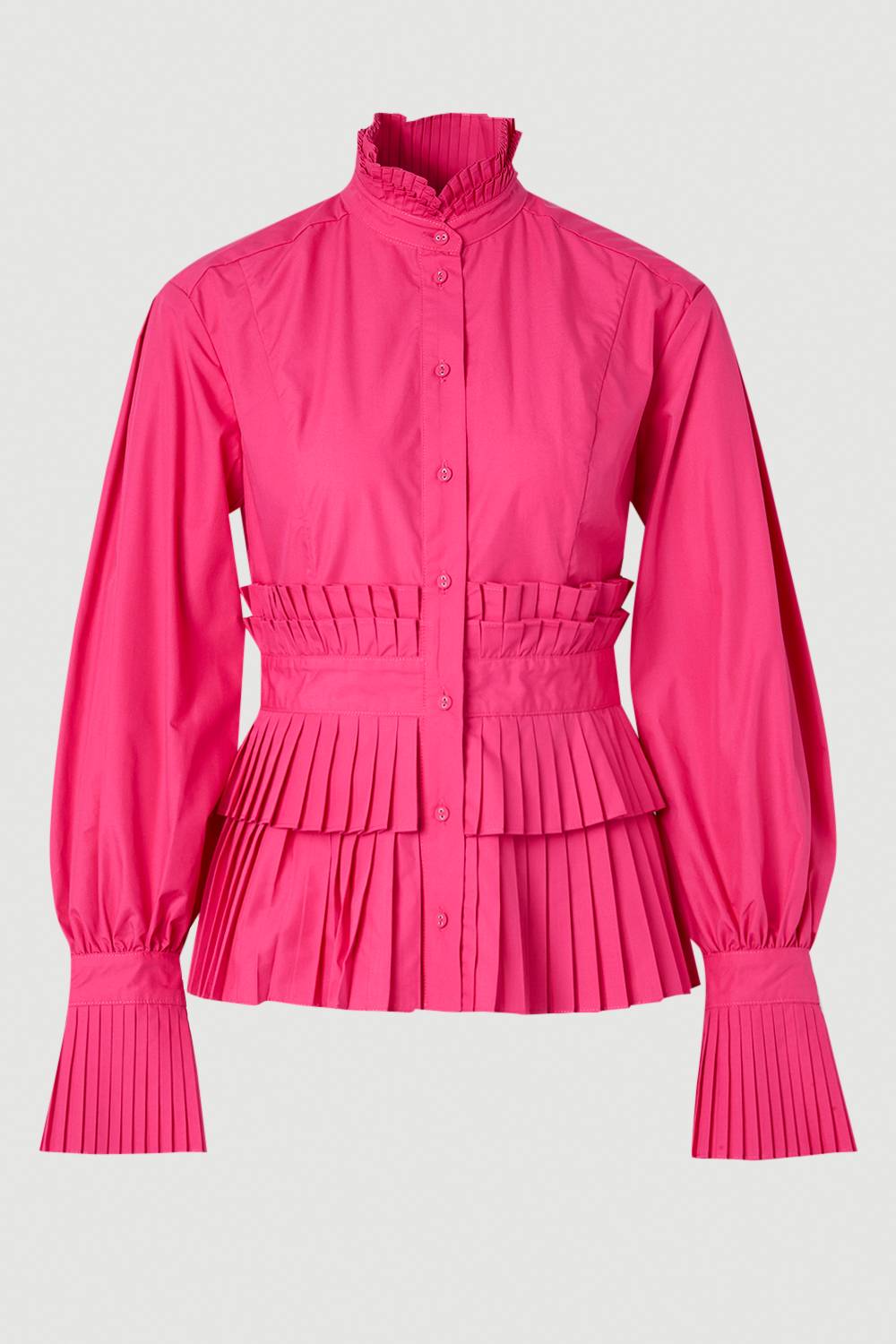 KarenMillen Blouse Tissée à Manches Longues en Popeline de Coton avec Détails de Volants Étagés