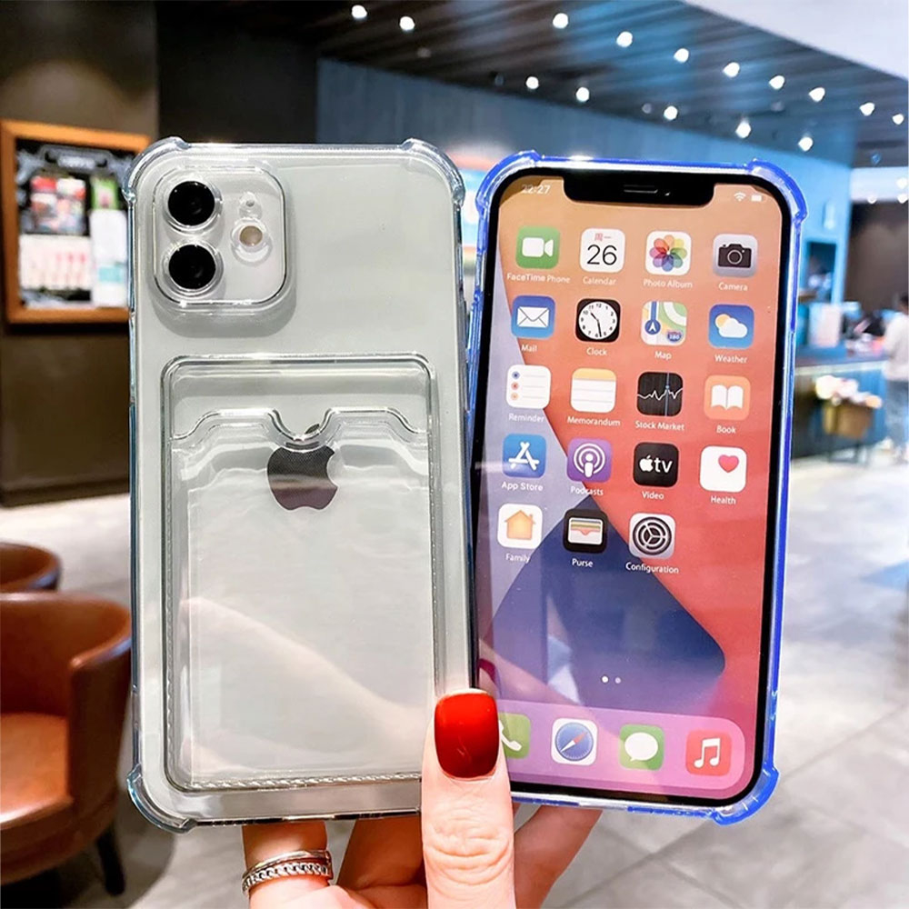 iPhone 12 Gummi Case Hülle mit Kartenfach   Air Cushion Fallschutz - Grün / Transparent