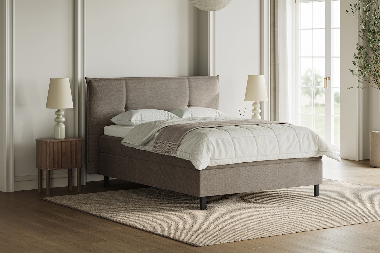 XOV Premium 15 Kontinentalseng 180x200 cm i tekstil copenhagen 803 grå, medium/medium med Premium 15 overmadrass og sort firkantede ben, gavl selges separate