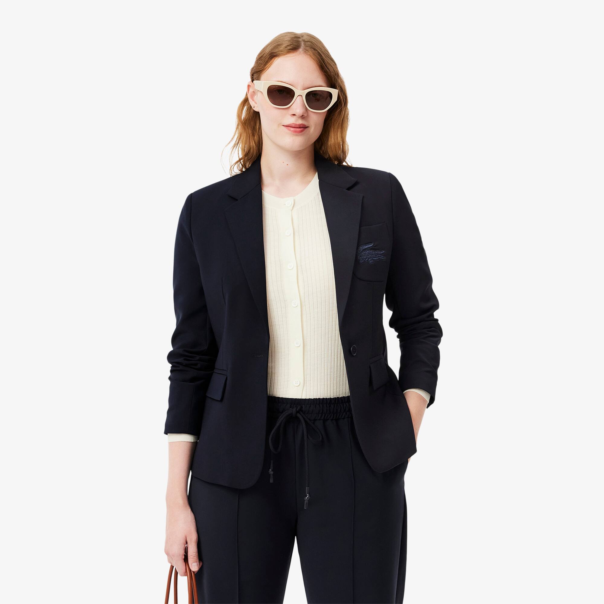 Blazer slim fit en laine logo brodé Bleu Marine