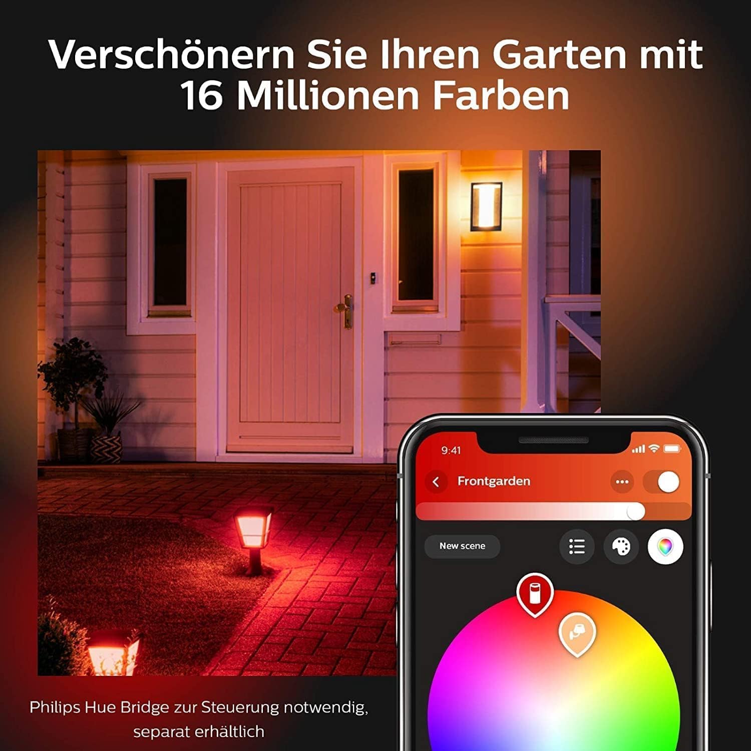 Philips Hue White and Color Ambiance LED Wandleuchte Impress (schmal), Outdoor Leuchte für den Aussenbereich, dimmbar, bis zu 16 Millionen Farben, smarte Lichtsteuerung via App