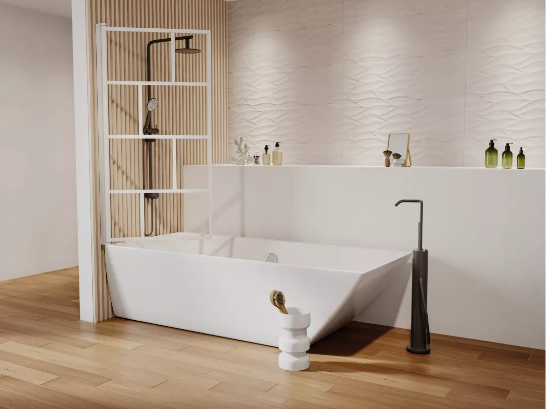 Pare baignoire pivotant style industriel - 70 x 140 cm - Blanc mat - Verre - RIVANON