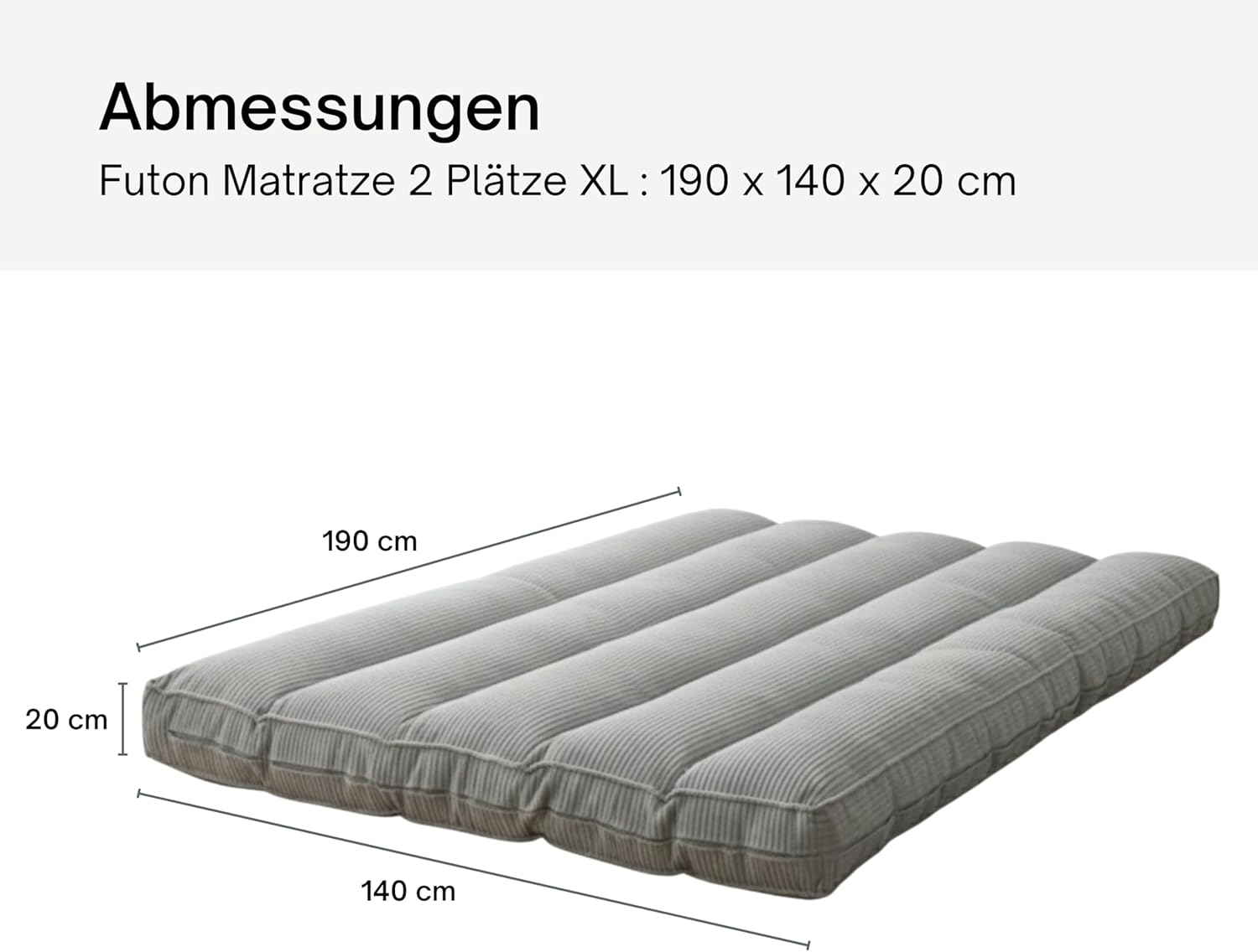 bananair Futon für 2 Personen - Dick & Bequem, Waschbarer Bezug, Ideal als Klappbare Bodenmatratze - Japanische Matratze, Aufbewahrungsgurt Enthalten (140 × 190 cm, Hellgrau)