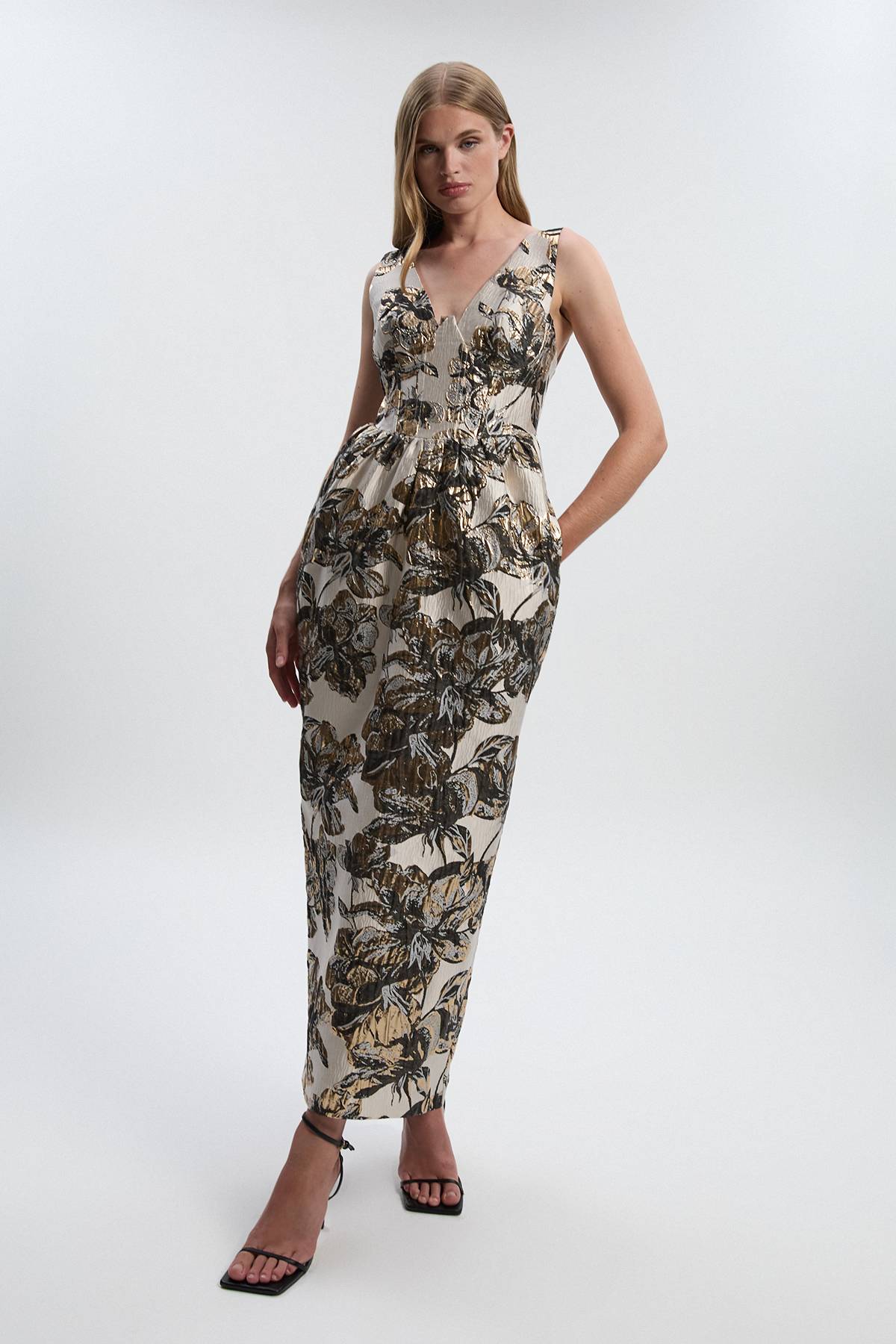 KarenMillen Robe Midi Crayon Bustier à Décolleté Plongeant en Jacquard Fleuri