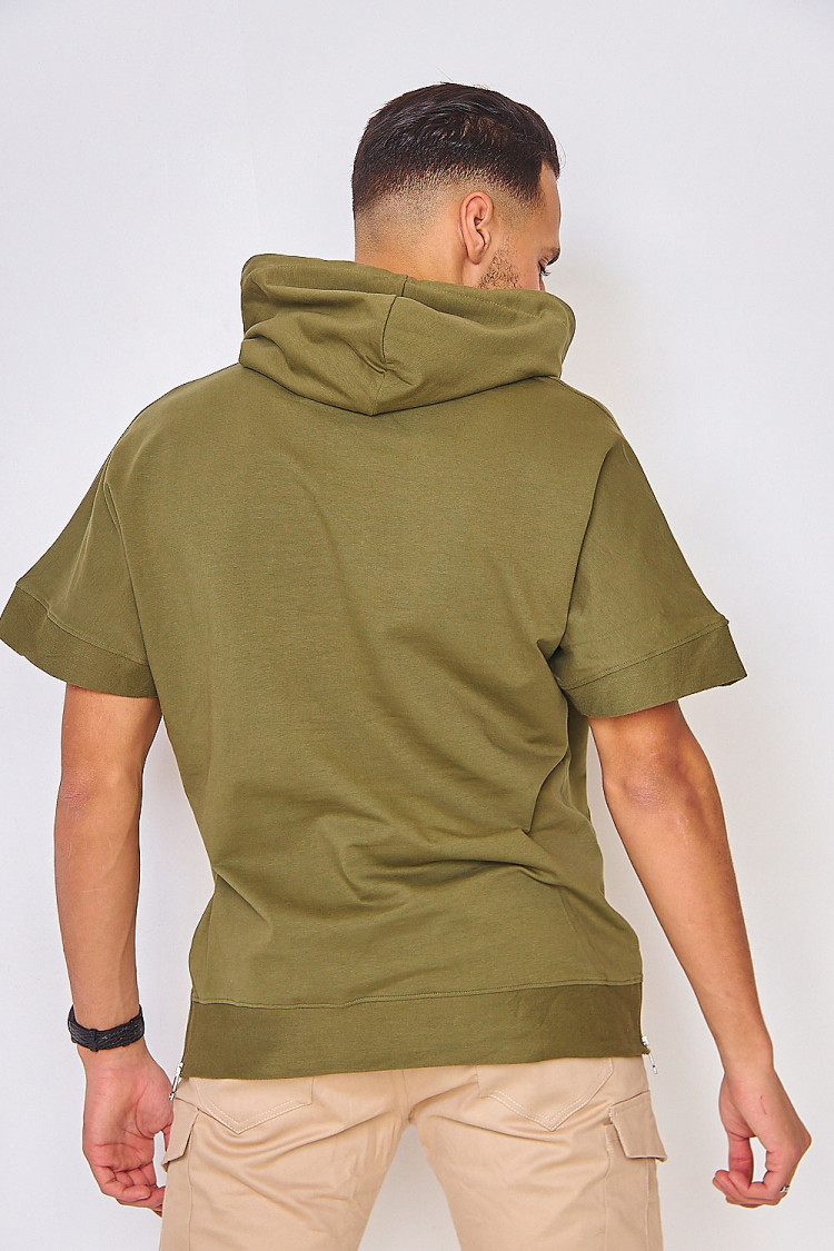 Sweat à capuche kaki manches courtes